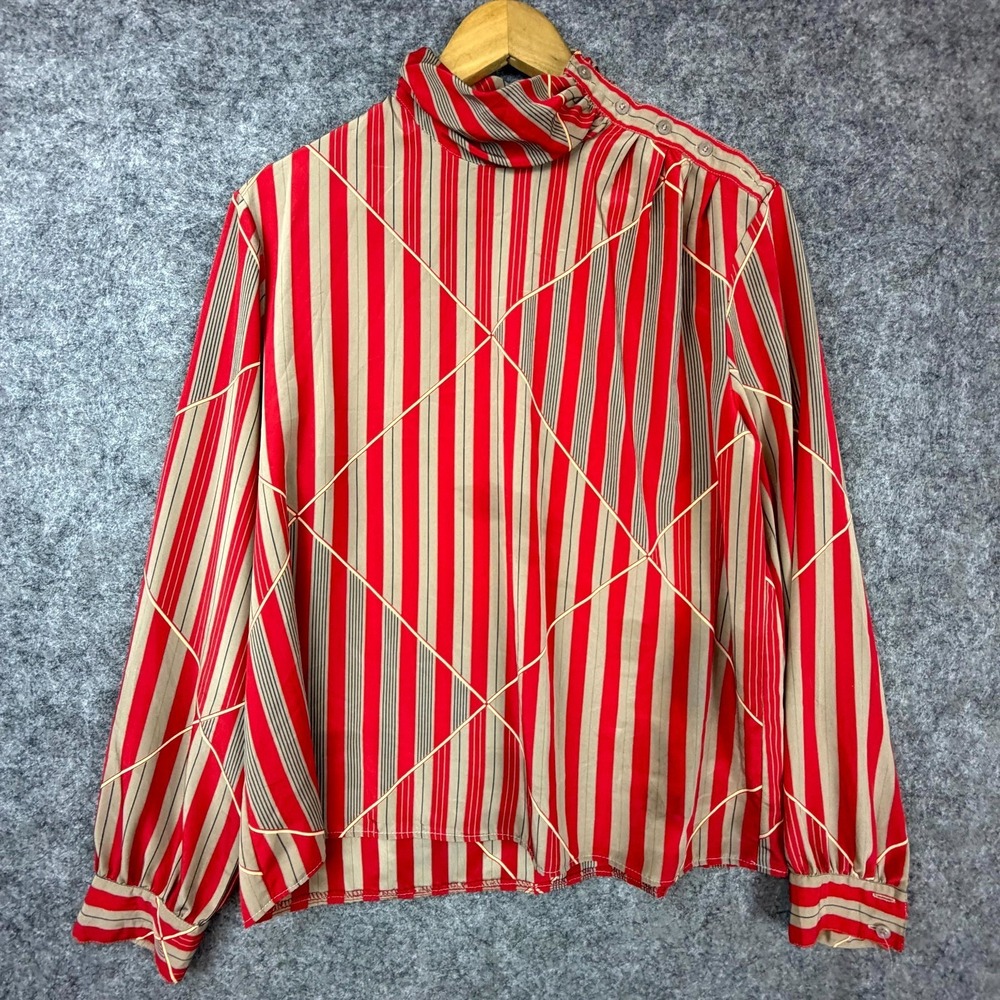 Vintage Personal Blouse Top Womens 16 Red Geometric Striped Shoulder Button